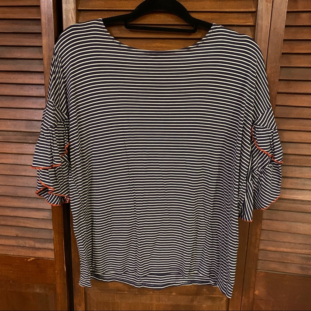 Jeanne Pierre Short Ruffle Sleeve Navy/White Stripe w/ Red Trim